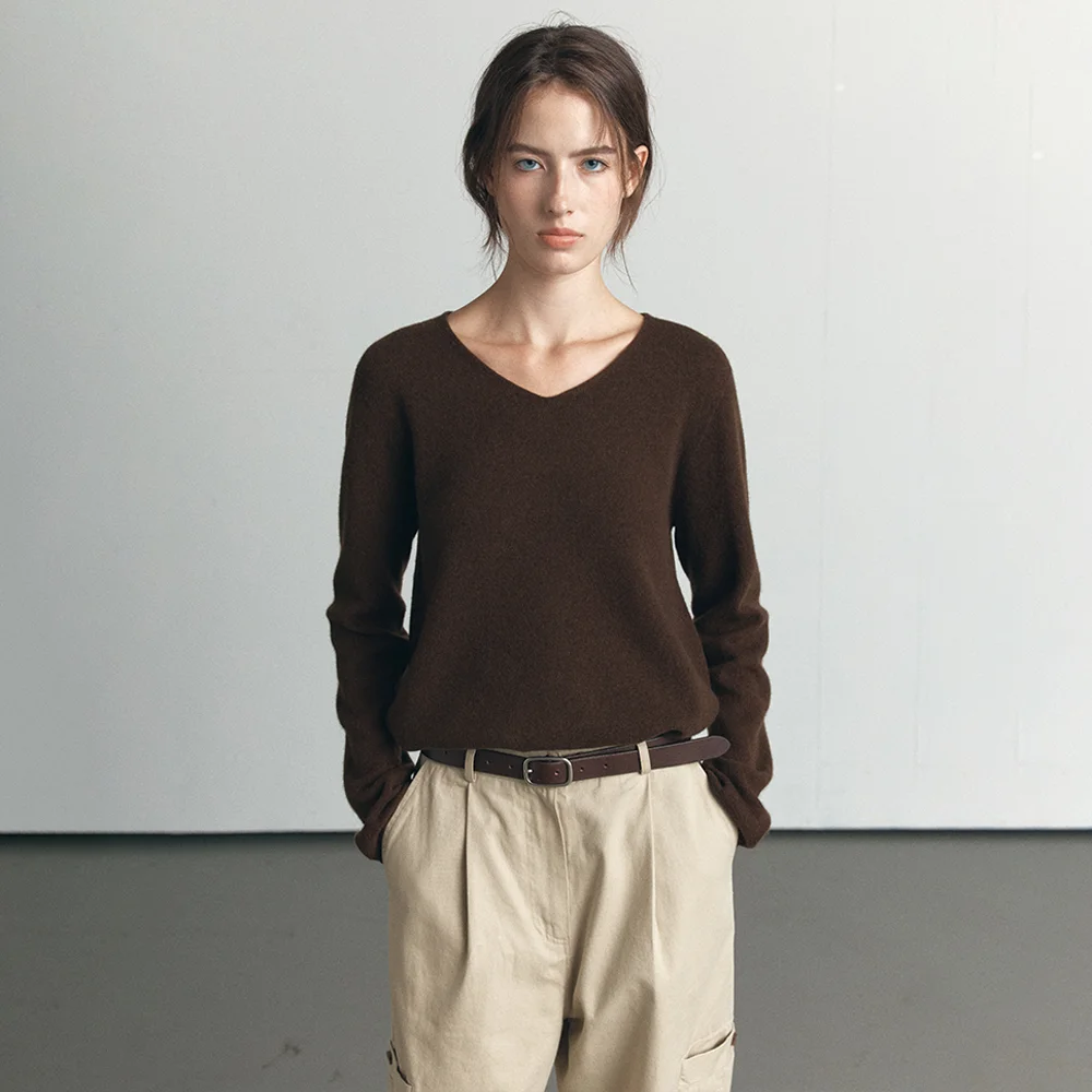 Wholegarment V-neck wool knit _Brown