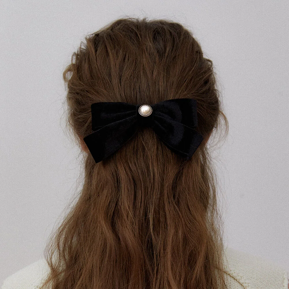 black button velvet ribbon pin_pearl HP030