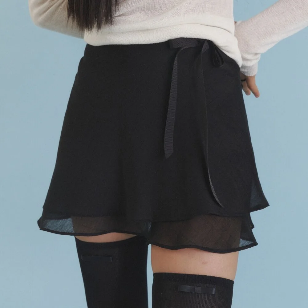 Love Ribbon Sheer Layered Wrap Skirt_BK