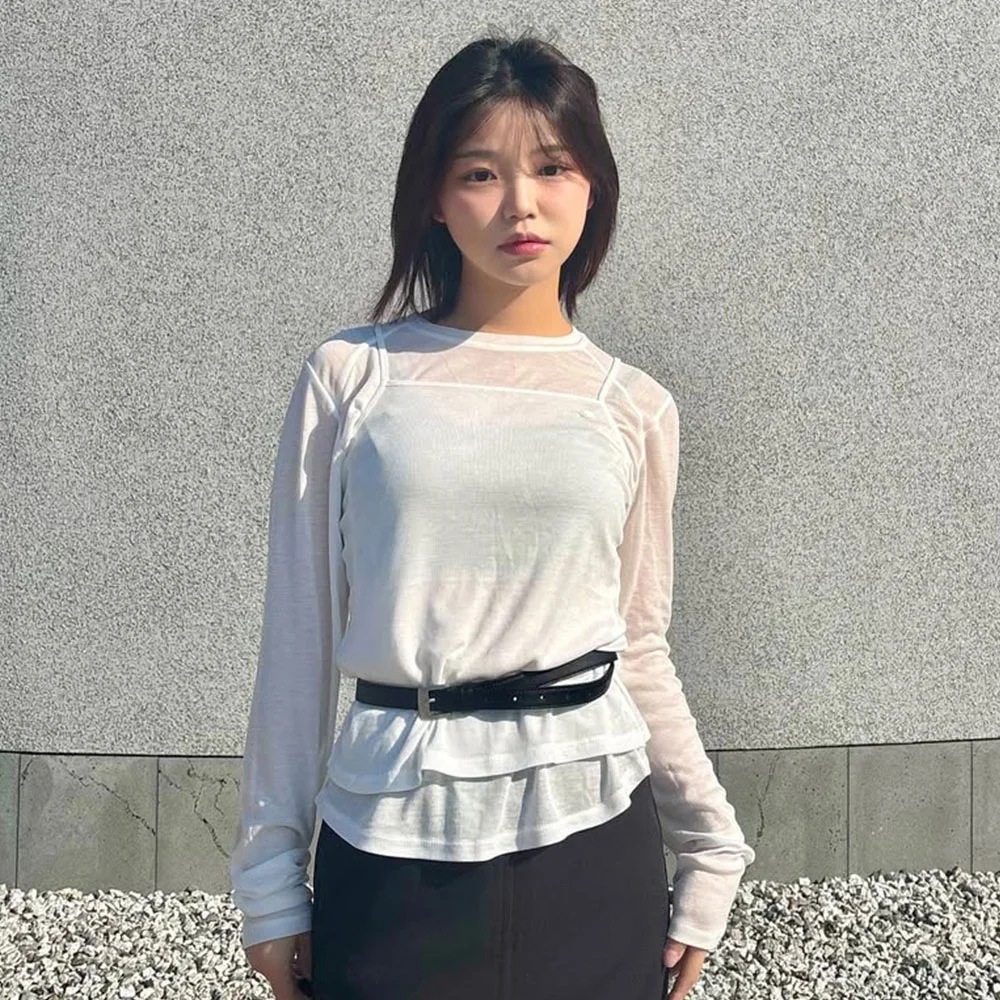 女裝 透視 層次 長袖 White