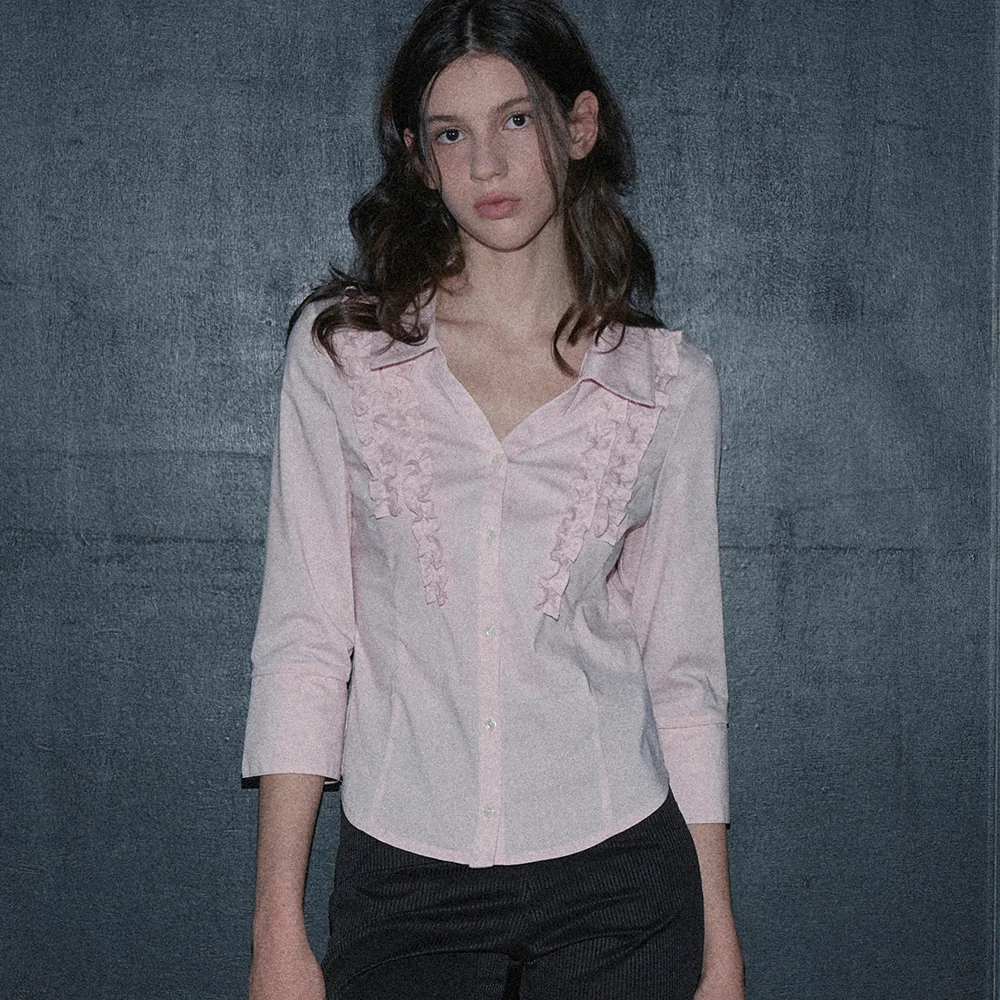 FRILL OPEN COLLAR SHIRT (PINK)