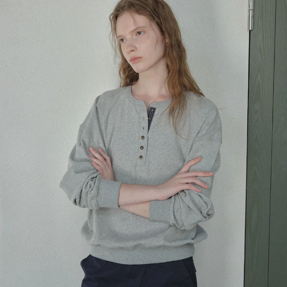 Waffle check henley sweatshirt _Melange