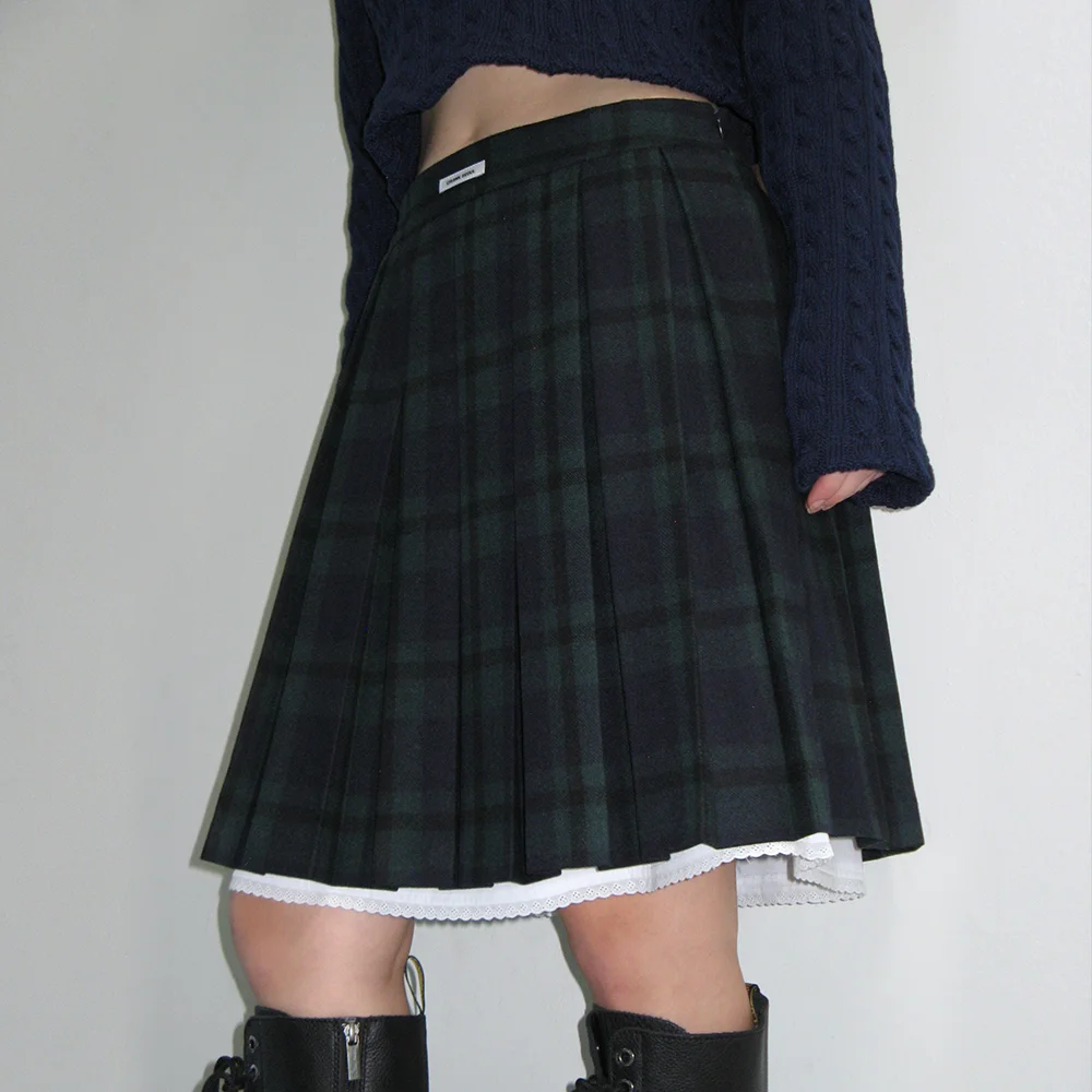 CHECK LAYERED WOOL PLEATS SKIRT_NAVY