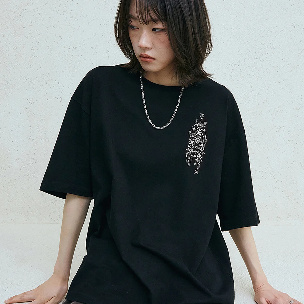 陽光 刺繡 短袖 T恤 黑色