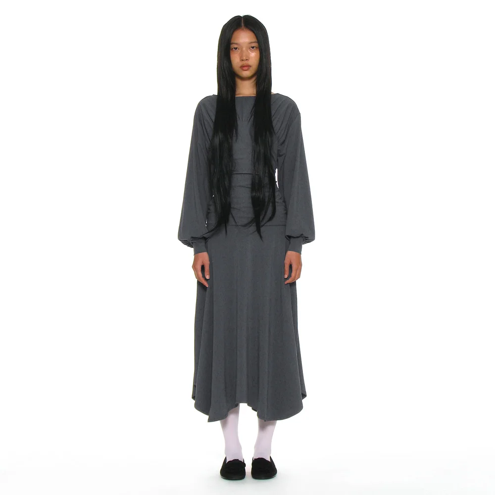 SHIRRING JERSEY UNBALANCED DRESS_CHARCOAL