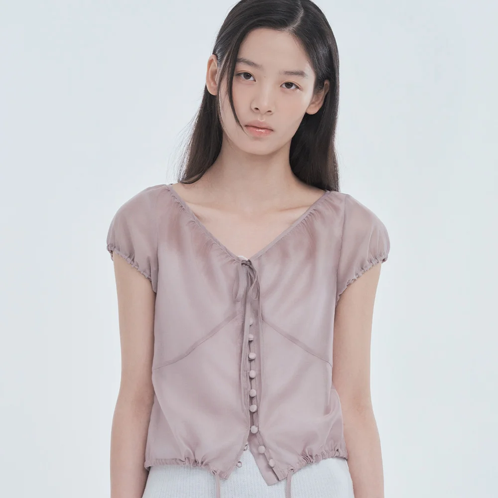 Sheer Ribbon Tie Shirring Blouse - Grey