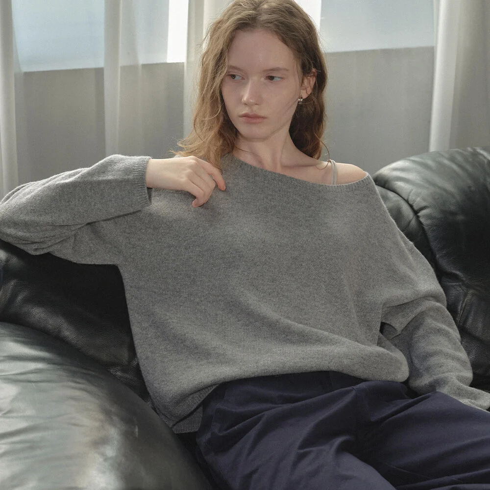 Cashmere fine wool boat neck knit _Gray