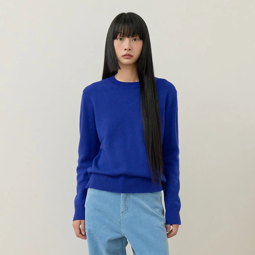 羊絨 圓領 色 針織衫 (Blue)