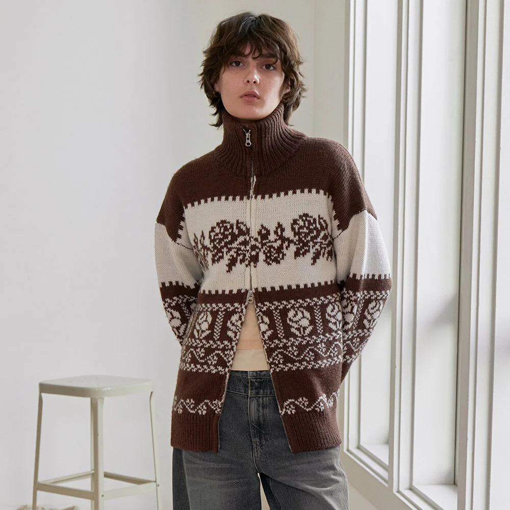 High-neck Jacquard Zip-up Knit VK5WD285_2color