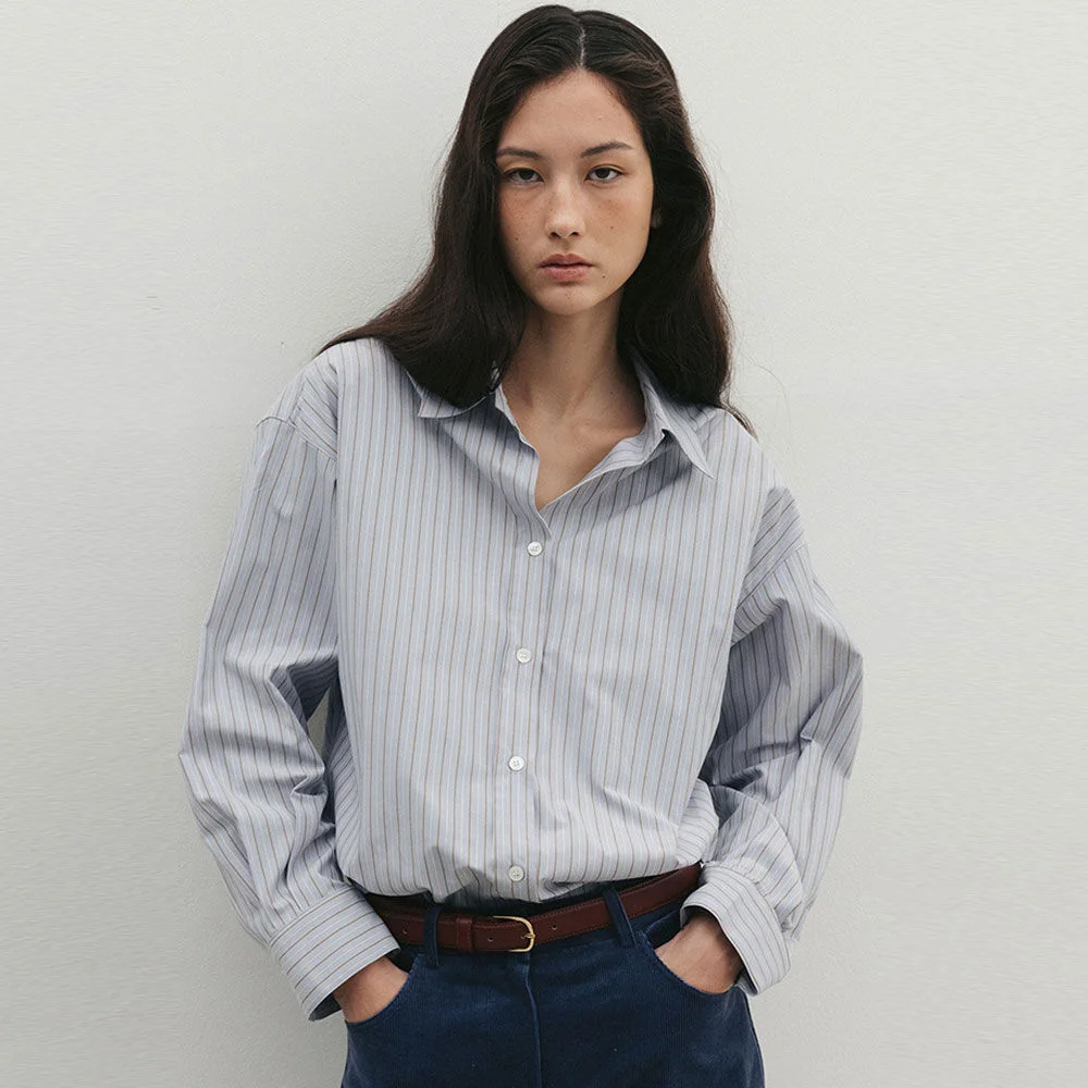 Back Shirring Shirt(Blue Brown)