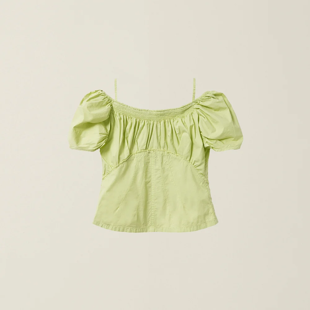 WOMENS SMOCKED BLOUSE PALE LIME