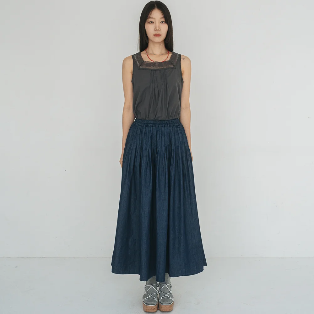 Pintuck Shirring Dark Denim Long Skirt