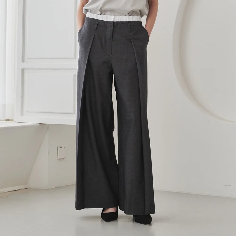 Double Waist Wool Pants - Dark Gray