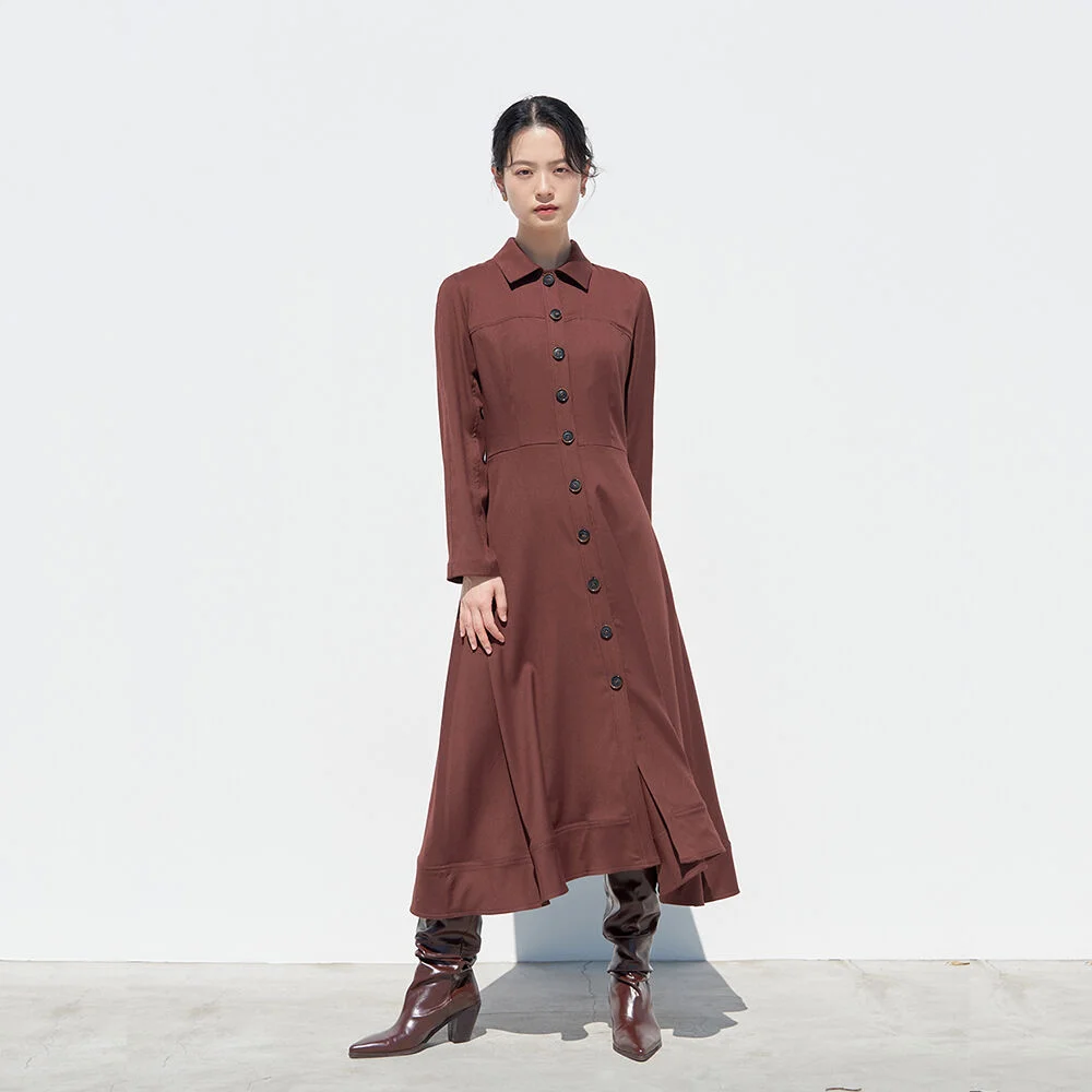 point button flare shirt dress_Red Brown