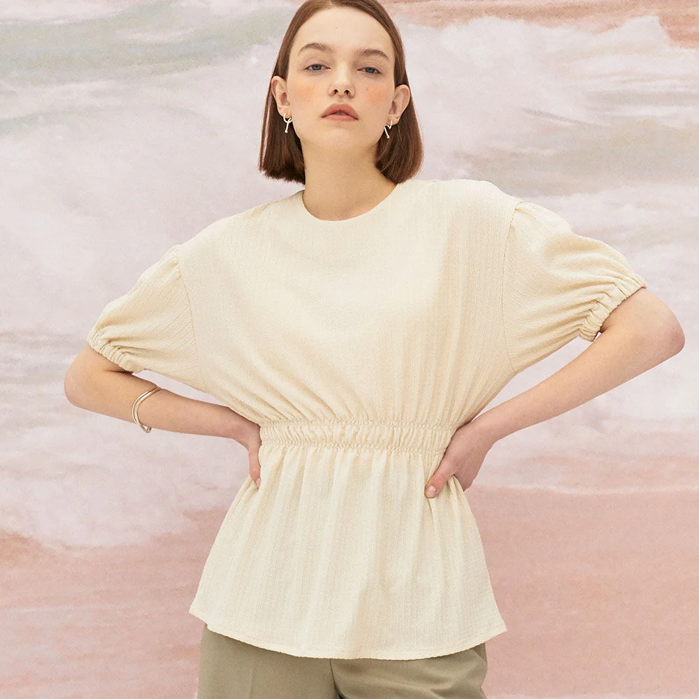 5S Puff-Sleeve crinkled Blouse - Ivory
