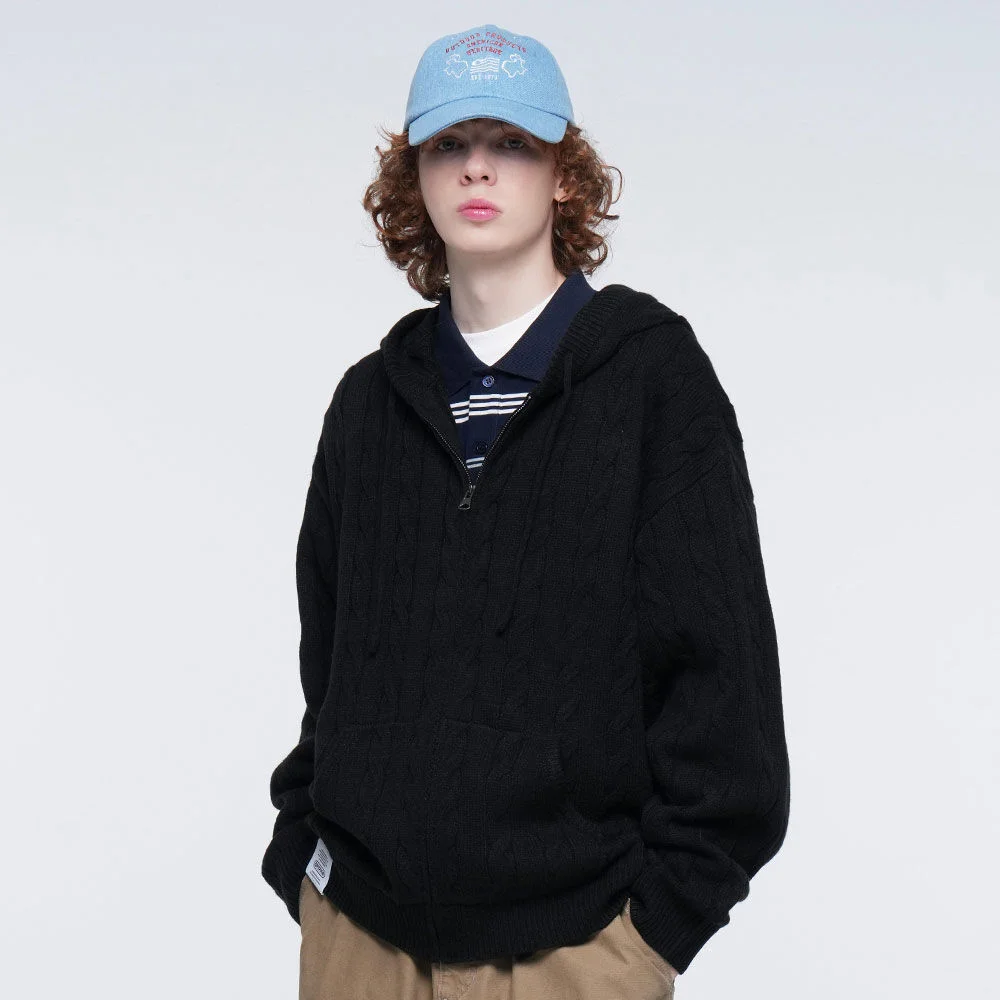 CABLE KNIT ZIP-UP HOODIE (BLACK)