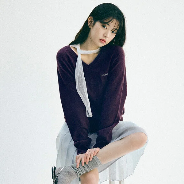 WOOL BLENDED V NECK KNIT PURPLE