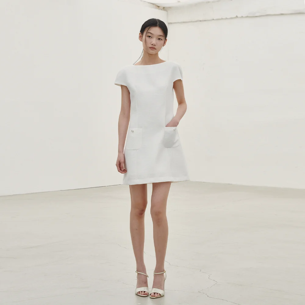 船領 粗花呢 迷你 連身裙 - 白色 / Boat Neck Tweed Mini Dress - White