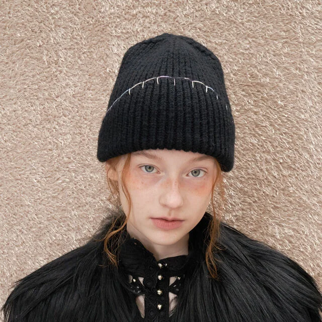 Hand Stiched Knit Beanie - Black