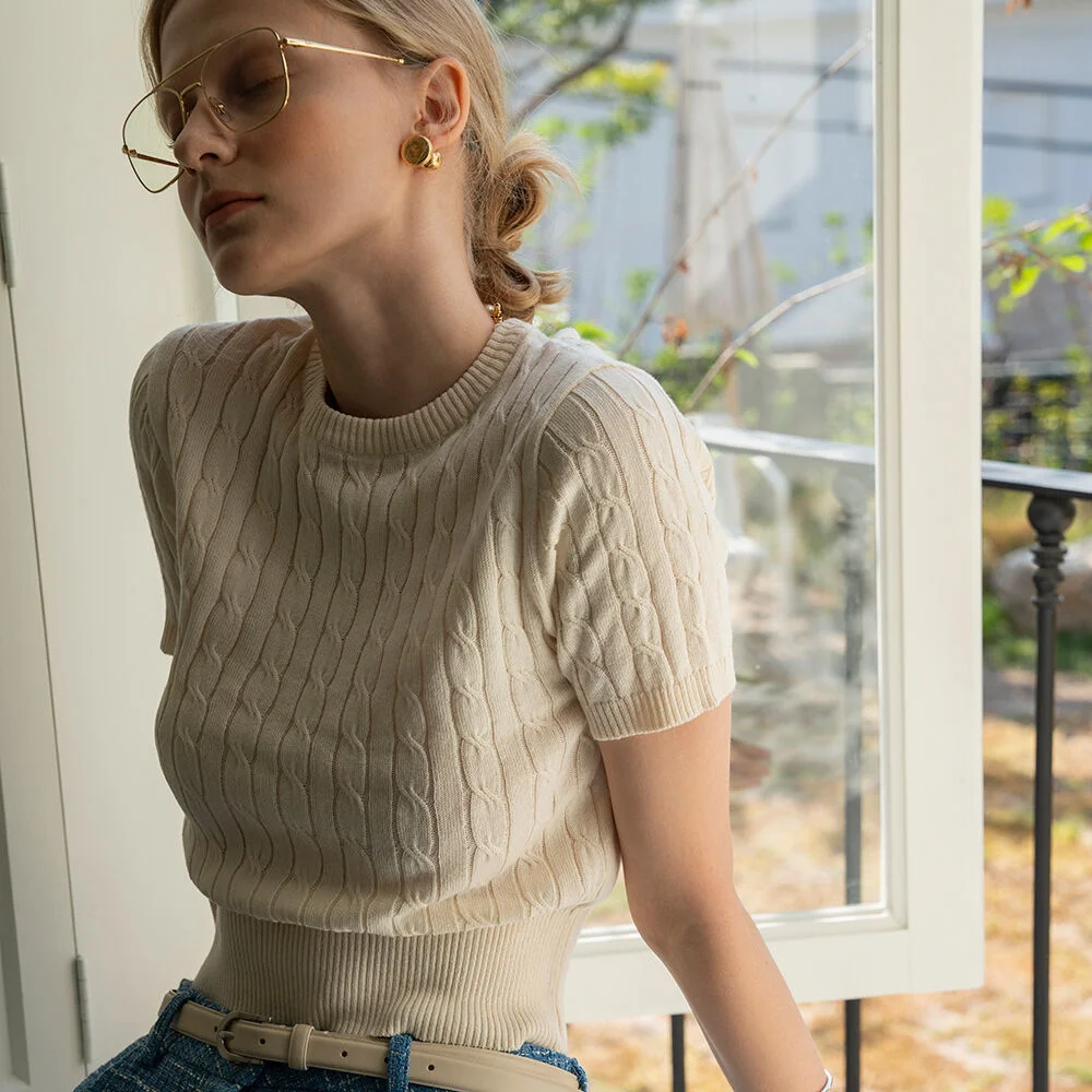 SIKN2029 cotton crop cable knit_Oatmeal