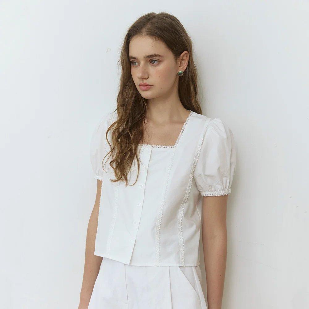 Lace point puff square neck blouse - white