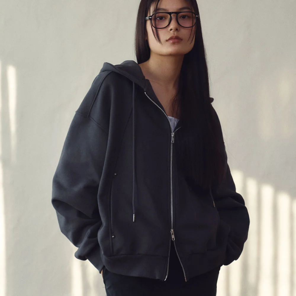 Stud Hoodie Zip-Up in Charcoal