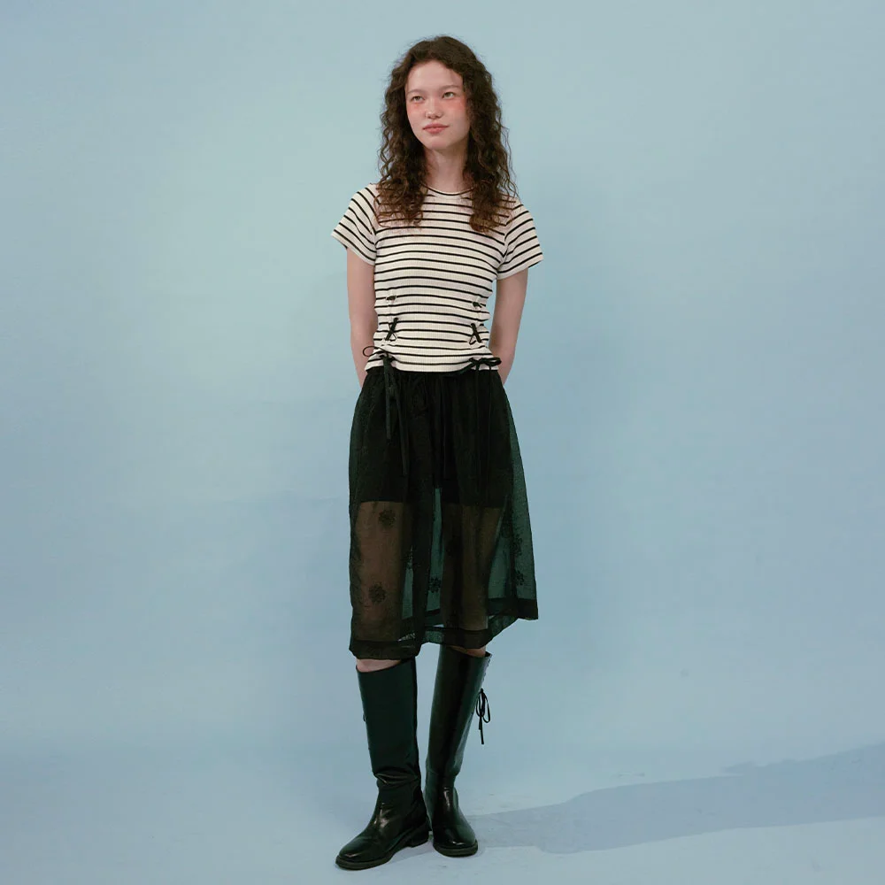 Stripe Ribbon Eyelet Top (White)