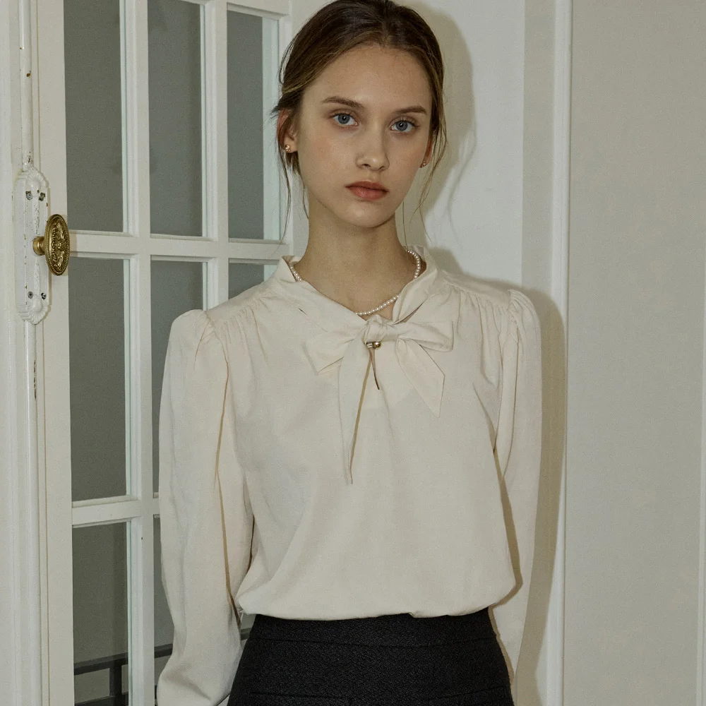 Scarf Tie Goldish Blouse - Light Beige