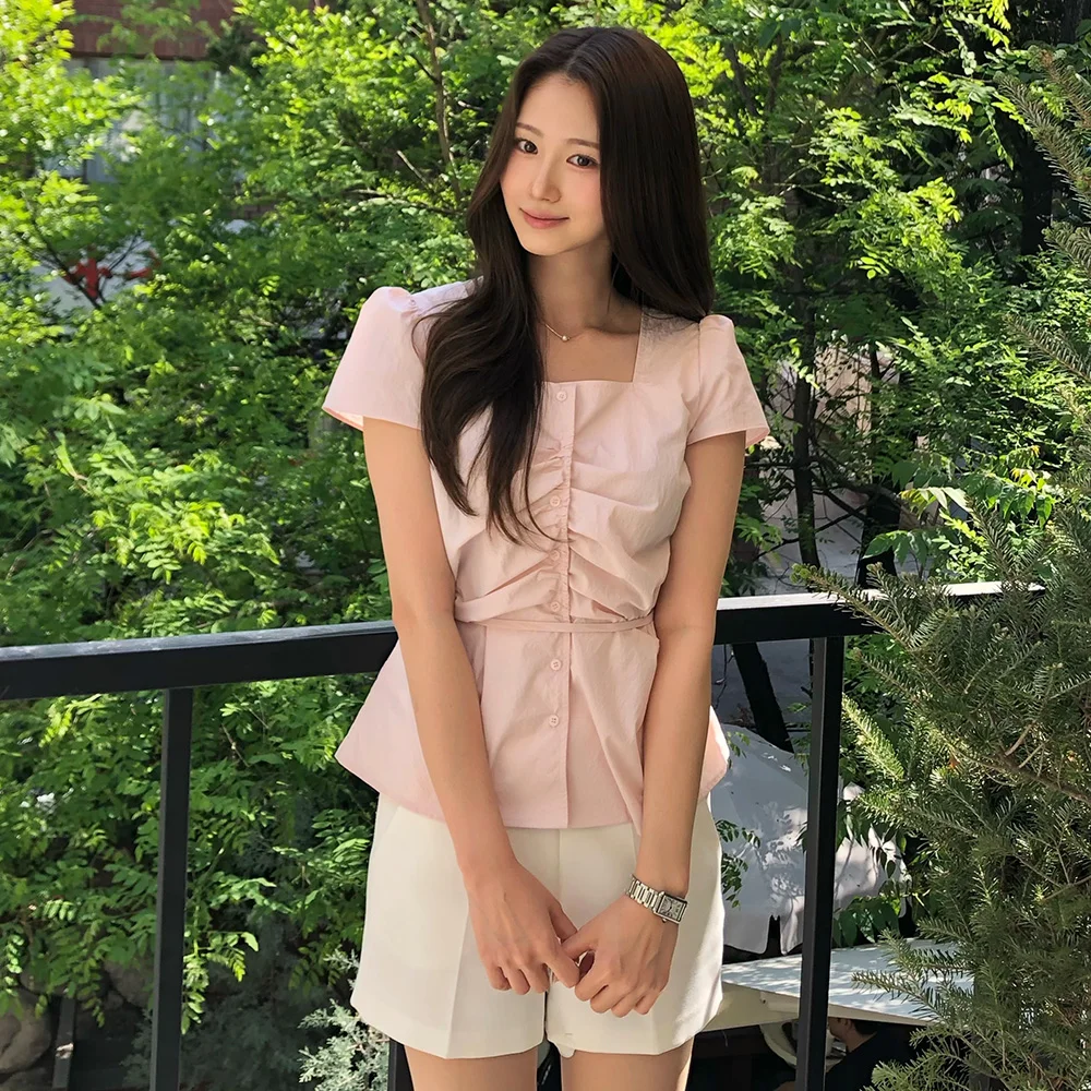 兩穿 抽褶 方領 雪紡衫 - Light Pink