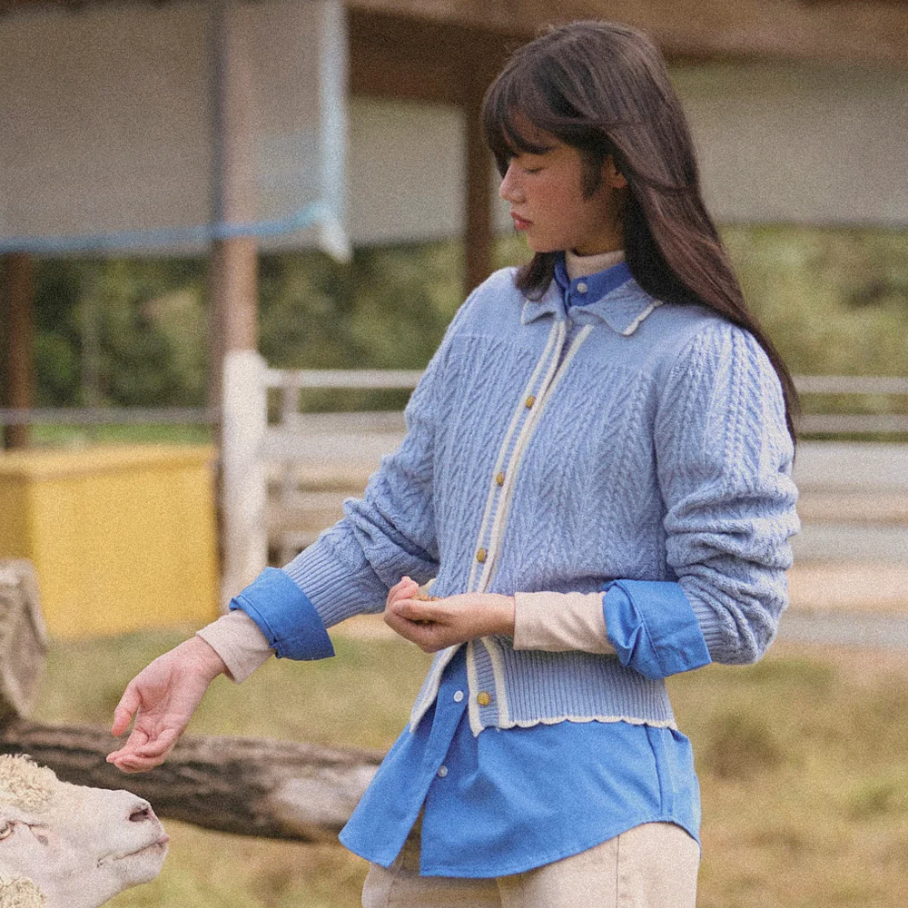 Wavy Collar Cable Merino Cardigan (Light Blue)