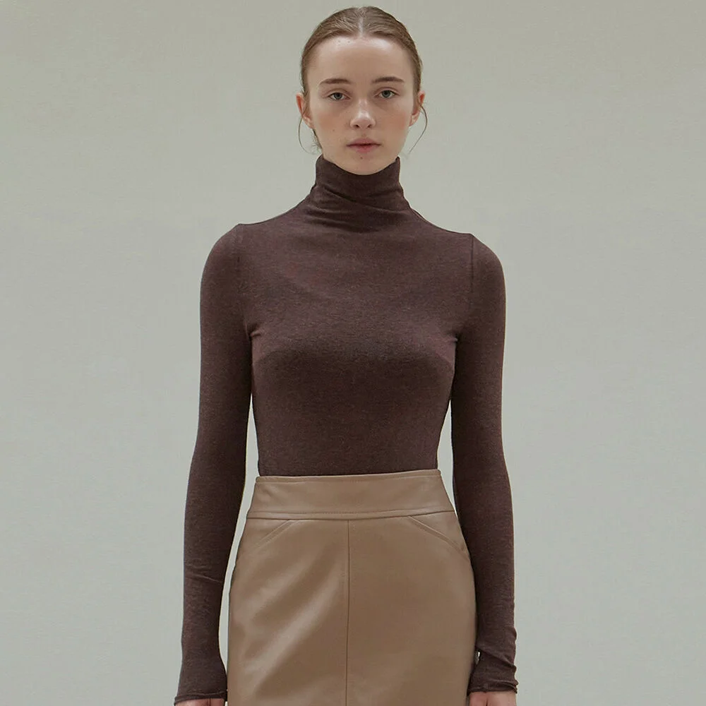 TURTLENECK SLIM KNIT TOP_BROWN