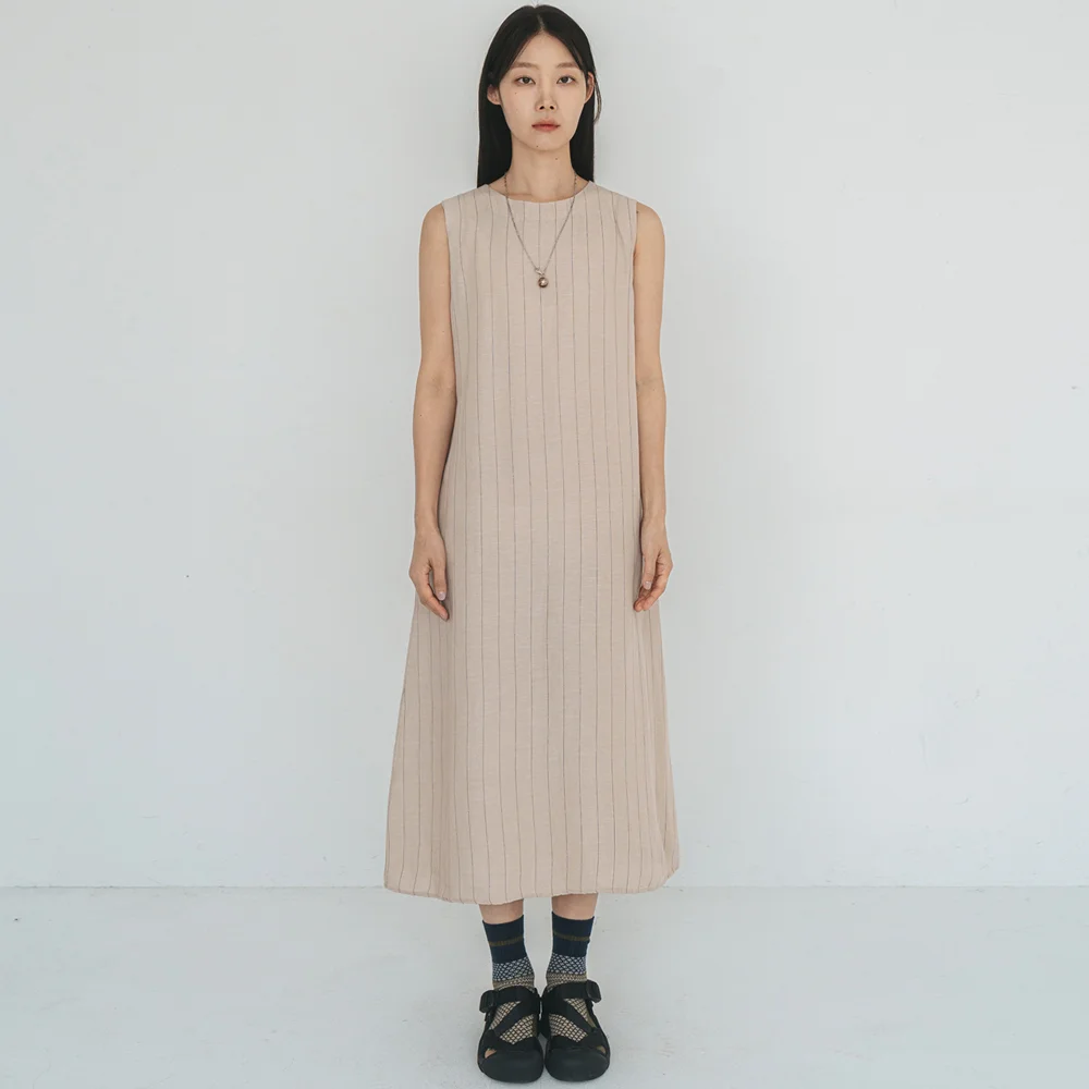 Linen Stripe Simple Beige Dress