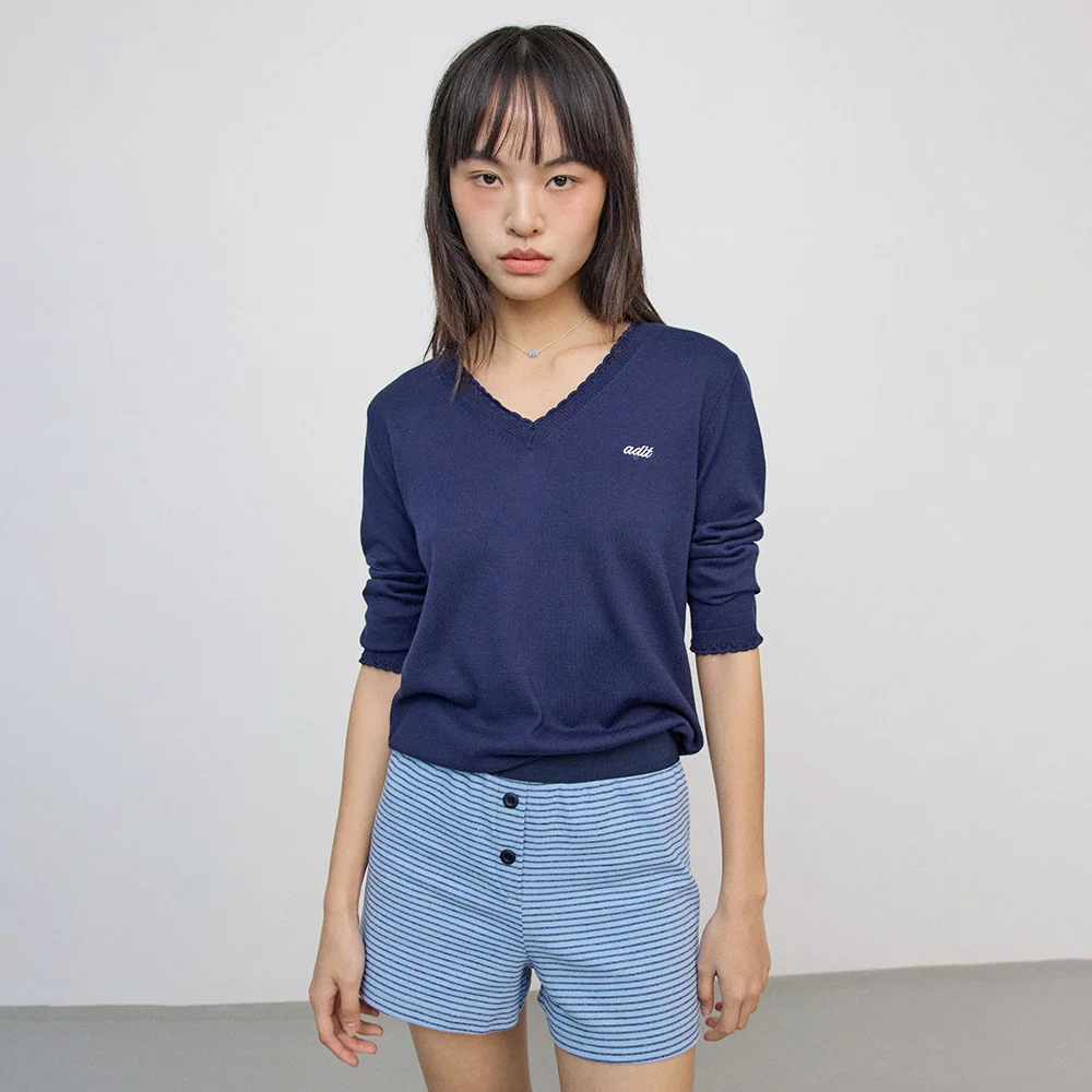 Lace V-neck knit_navy