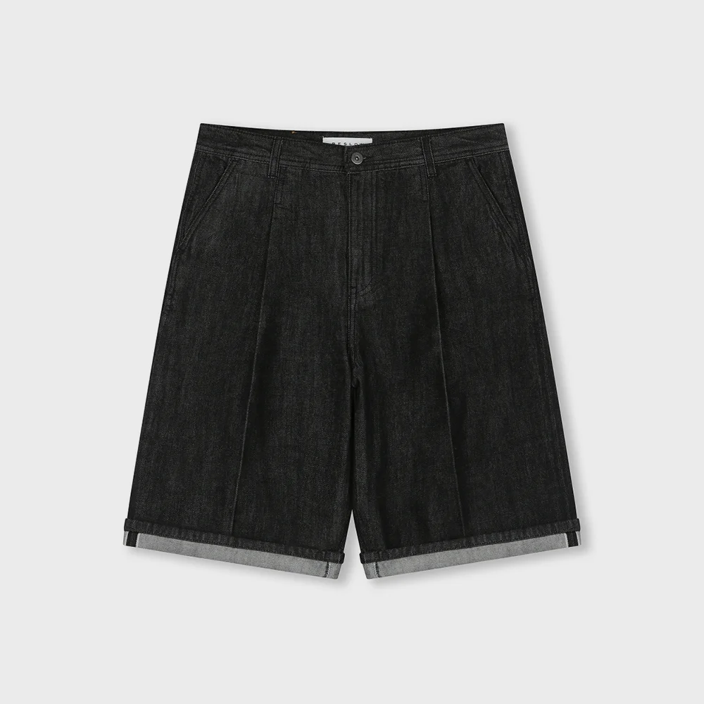 WIDE FIT SELVAGE DENIM SHORTS BLACK