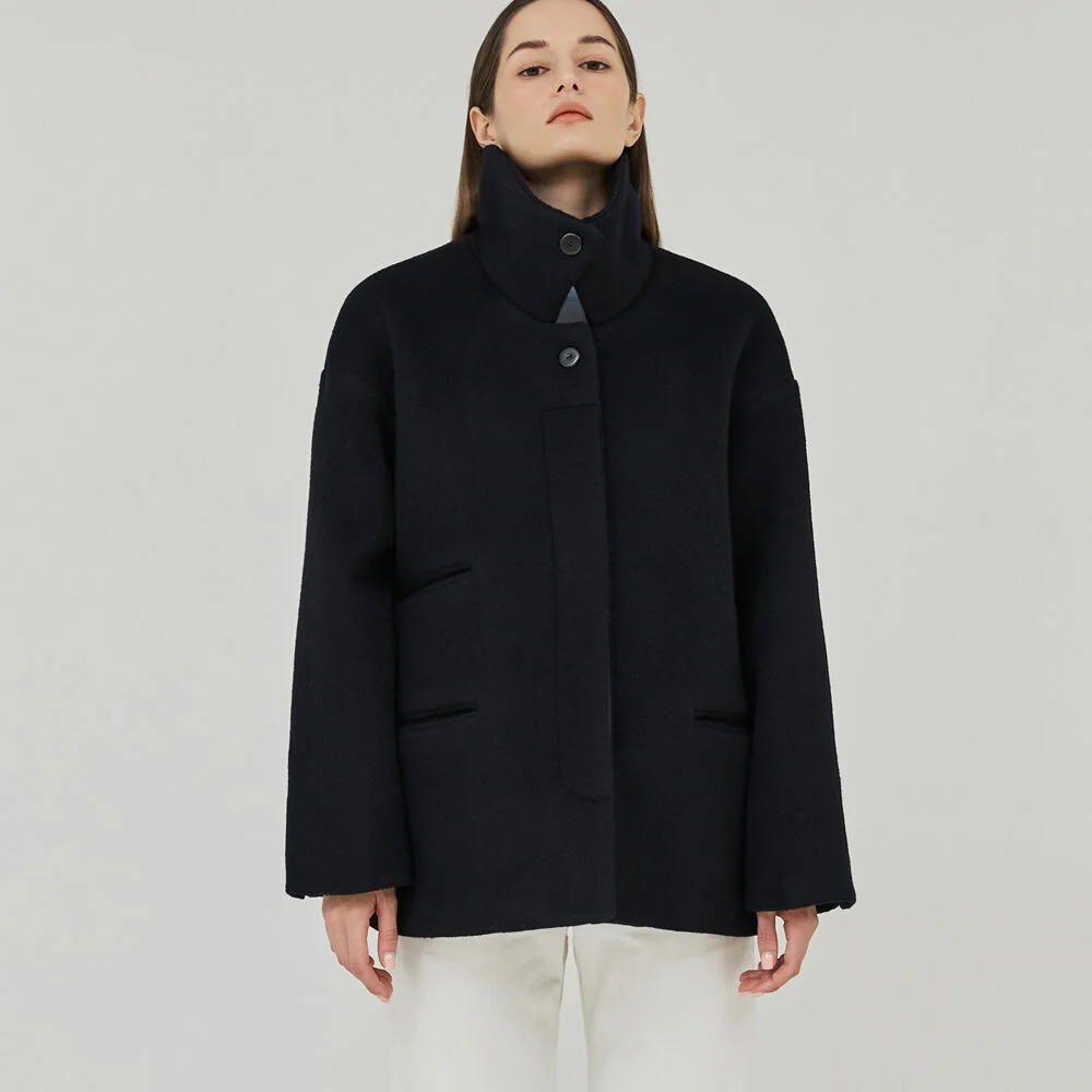 HERRINGBONE HIGH-NECK HALF COAT (NAVY)