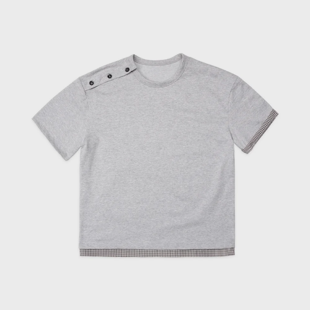 肩部 鈕扣 格紋 層次 T恤 MELANGE GREY