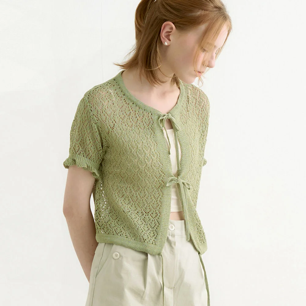 Ribbon frill punching cardigan - khaki