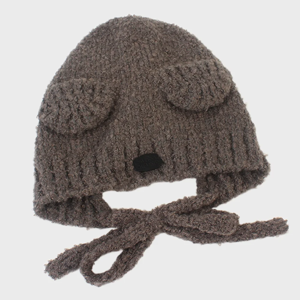 Bear Knit Gray Bonnet Hat 小熊帽