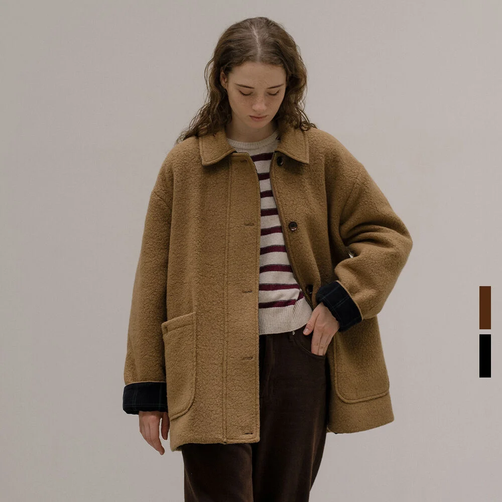 Wool blend roll-up check half Coat _