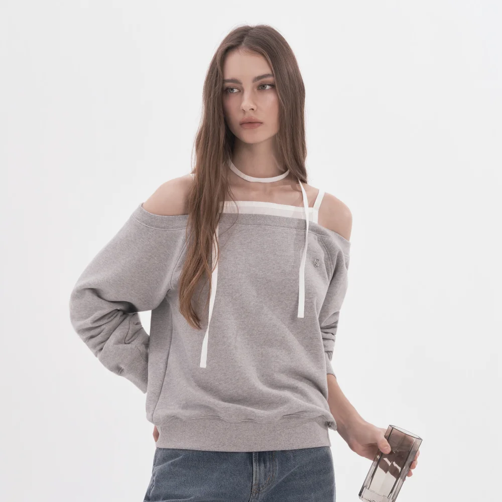 Rhea String Off Shoulder Sweatshirt - Grey