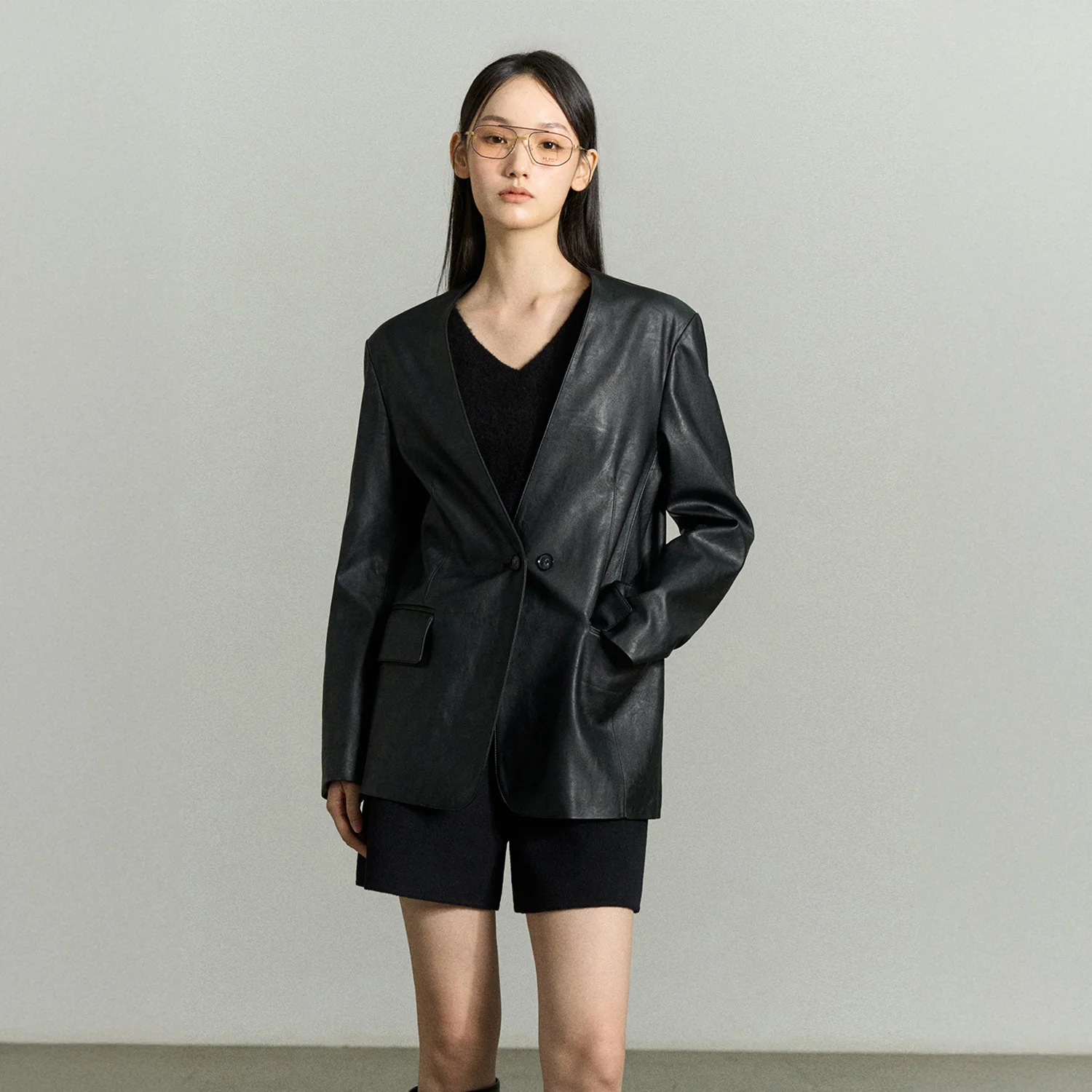 SHOULDER PADDED FAUX LEATHER JACKET