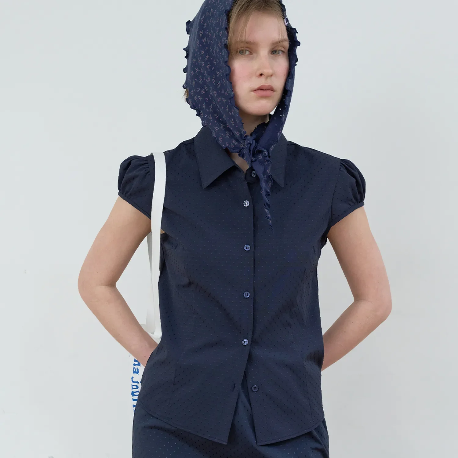 DOT CAP SLEEVE SHIRT_NAVY