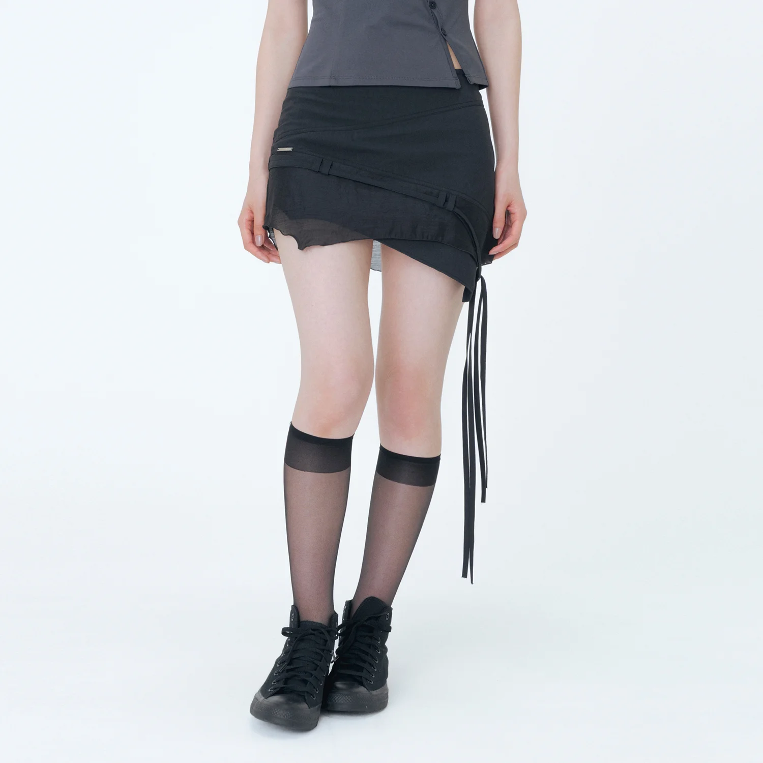 Diagonal sheer string mini skirt BLACK