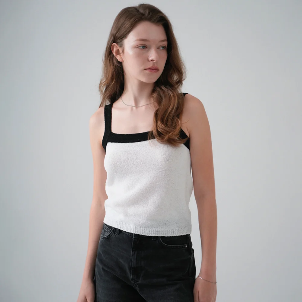 Summer Square Color Matching Knit Sleeveless (White)