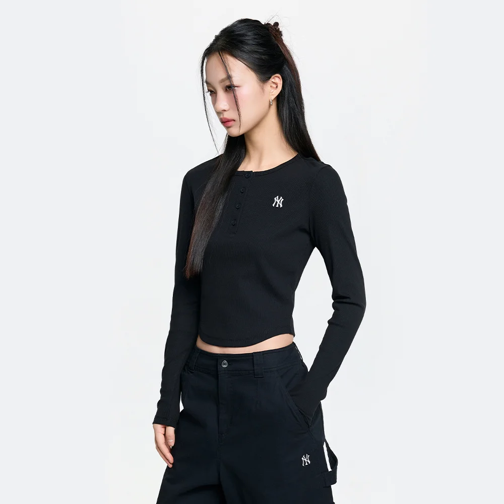 女裝 復古 修身 羅紋 亨利領 長袖 T恤 NY (Black)