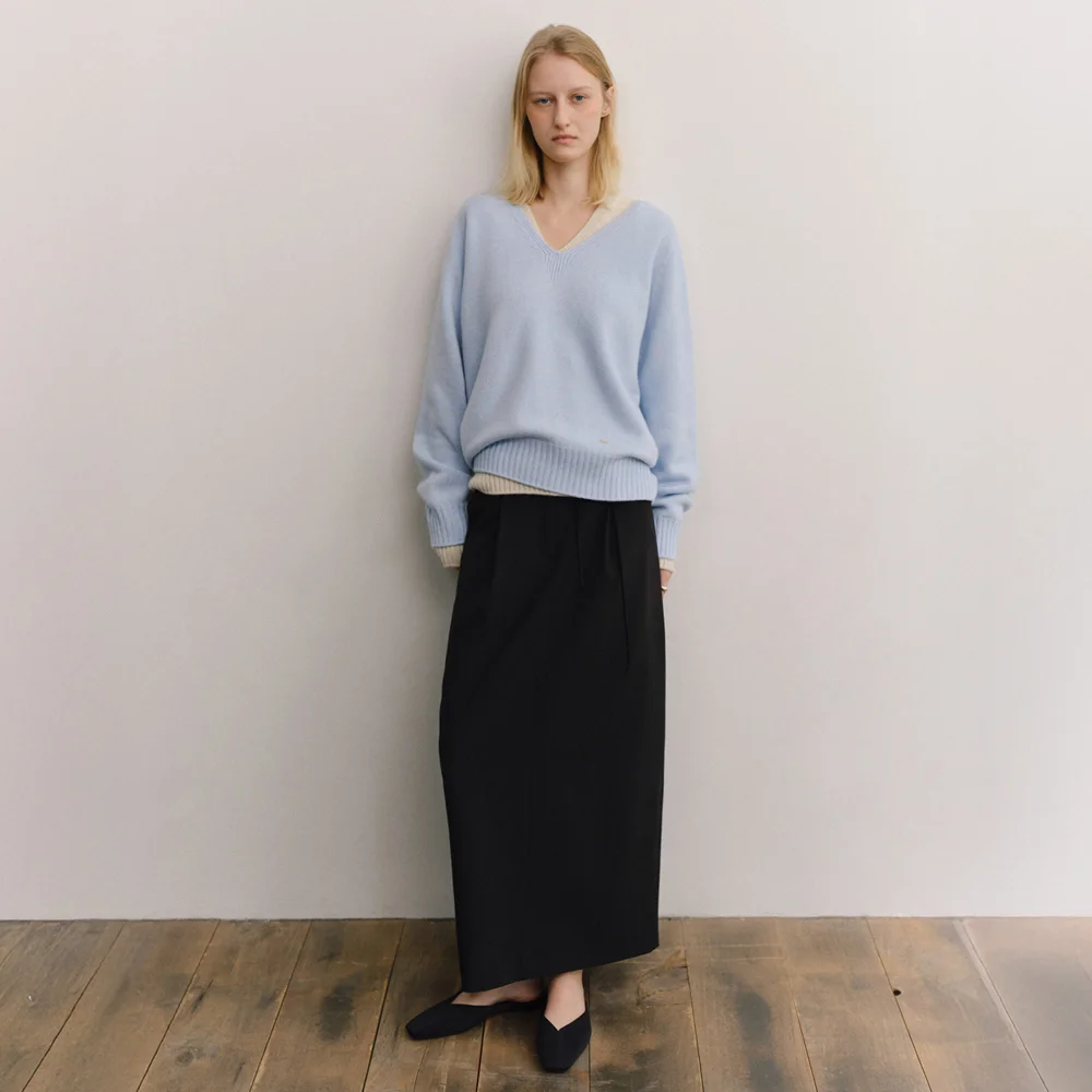 HERRINGBONE STRAIGHT LONG SKIRT_BLACK