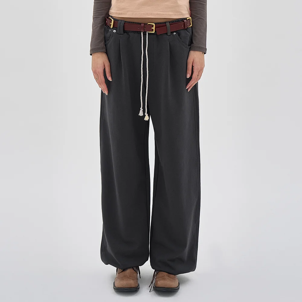 DOUBLE WAIST PLEATED WIDE LEG SWEATPANTS_CHARCOAL