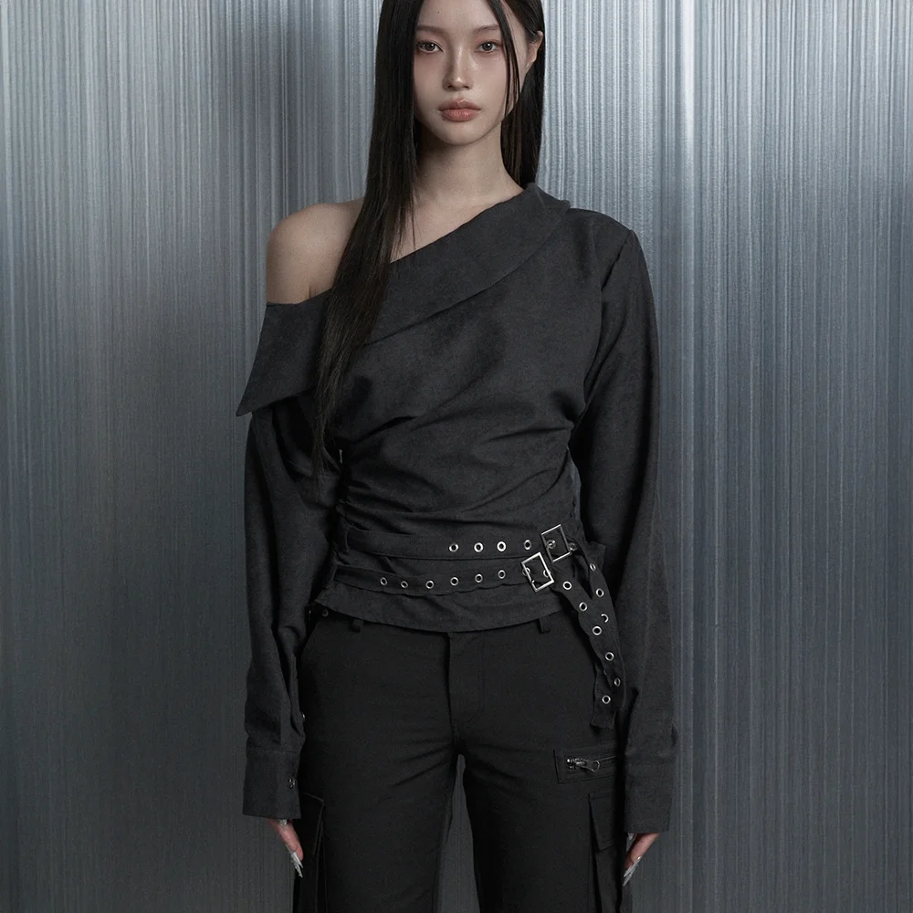 Two Belt Drape One-Shoulder Blouse (Black)