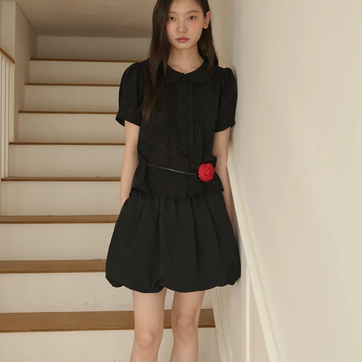 Pin-tuck Balloon Mini Skirt_Black