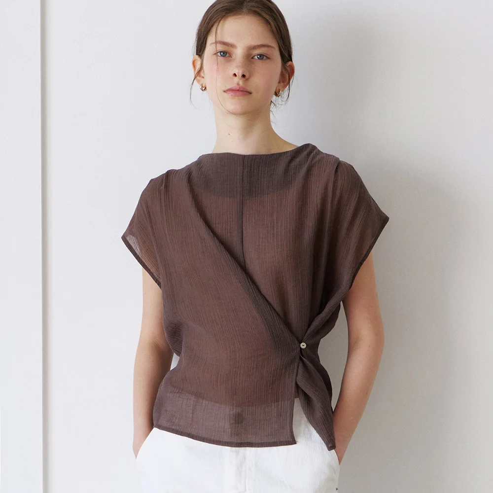 mock neck wrap blouse (brown) orc 6047